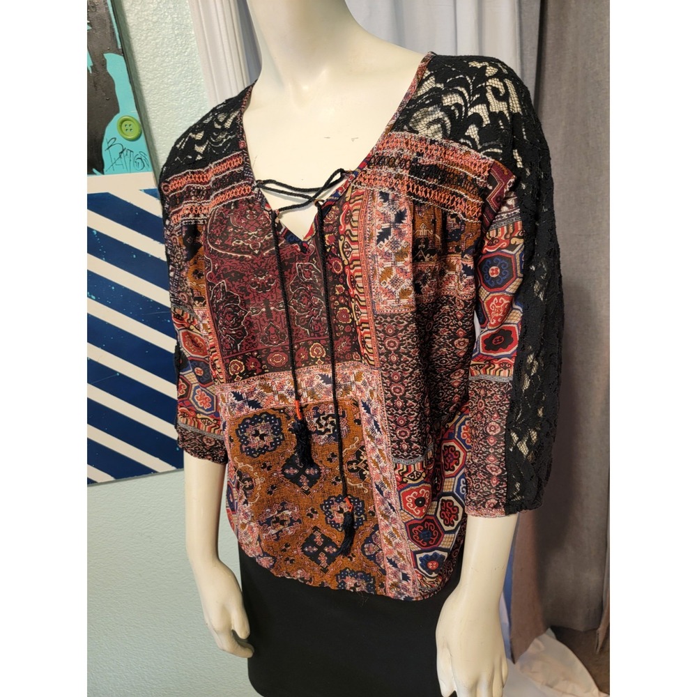 Y2K Miss Me Hippie boho fairy lace accent tie Front 3/4 sleeve festival blouse S